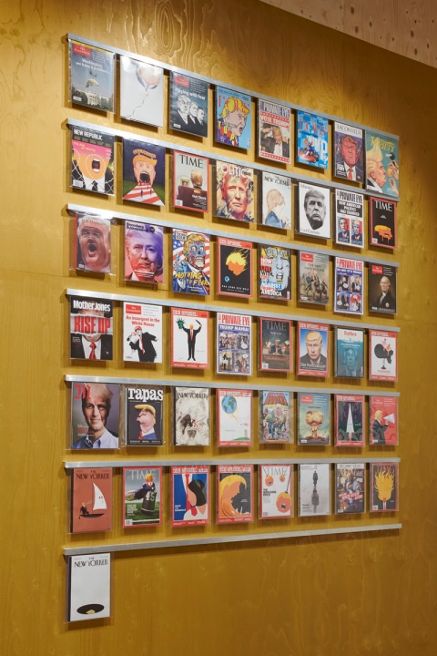 Wall of magazine covers lampooning the Donald. Photo by Benjamin Westoby